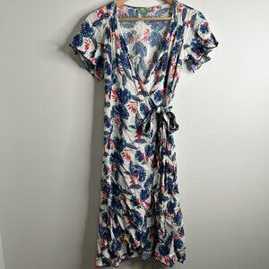 Loco Lindo Wrap Dress Sz Medium White Tropical Floral Midi Made in‎ USA Hawaiin